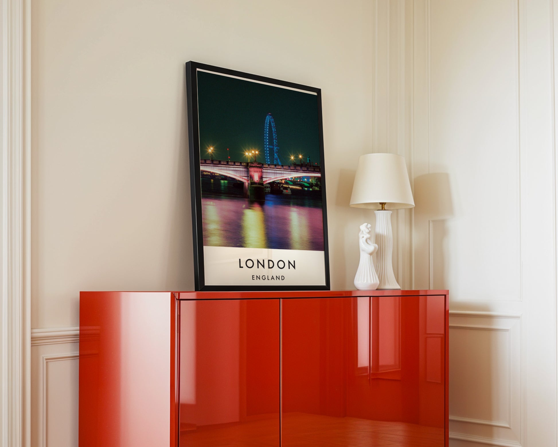 London Eye Blue Lambeth Bridge Night Thames - London analogue photography poster print in interior design setting