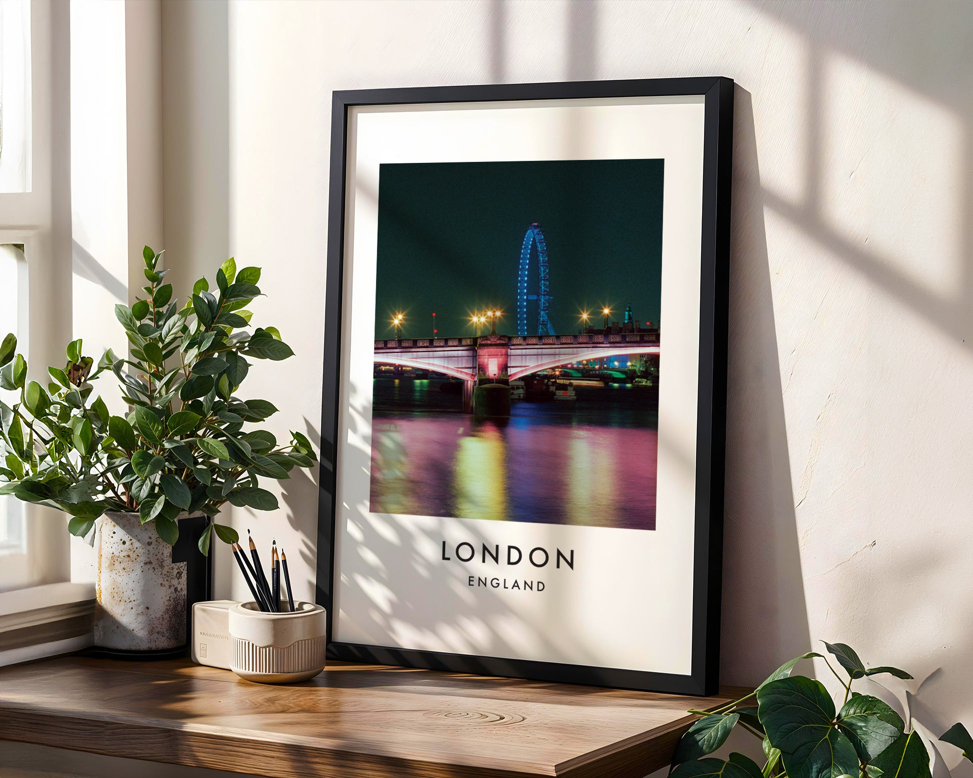 London Eye Blue Lambeth Bridge Night Thames - London analogue photography poster print in modern room setting