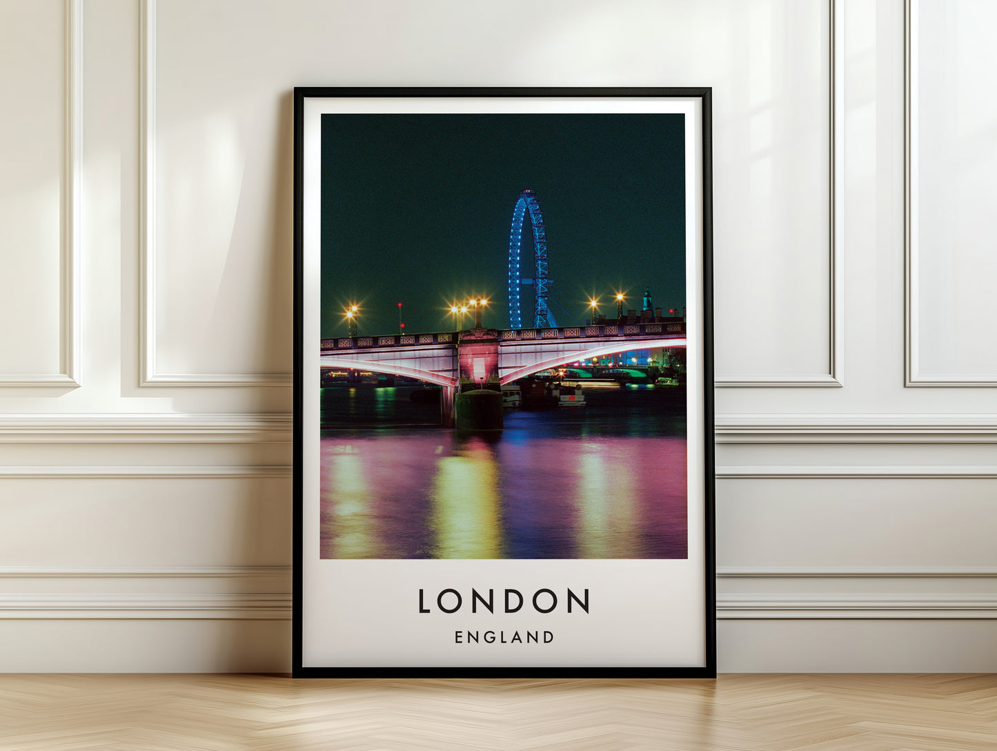 London Eye Blue Lambeth Bridge Night Thames - London analogue photography poster print on white panelled wall