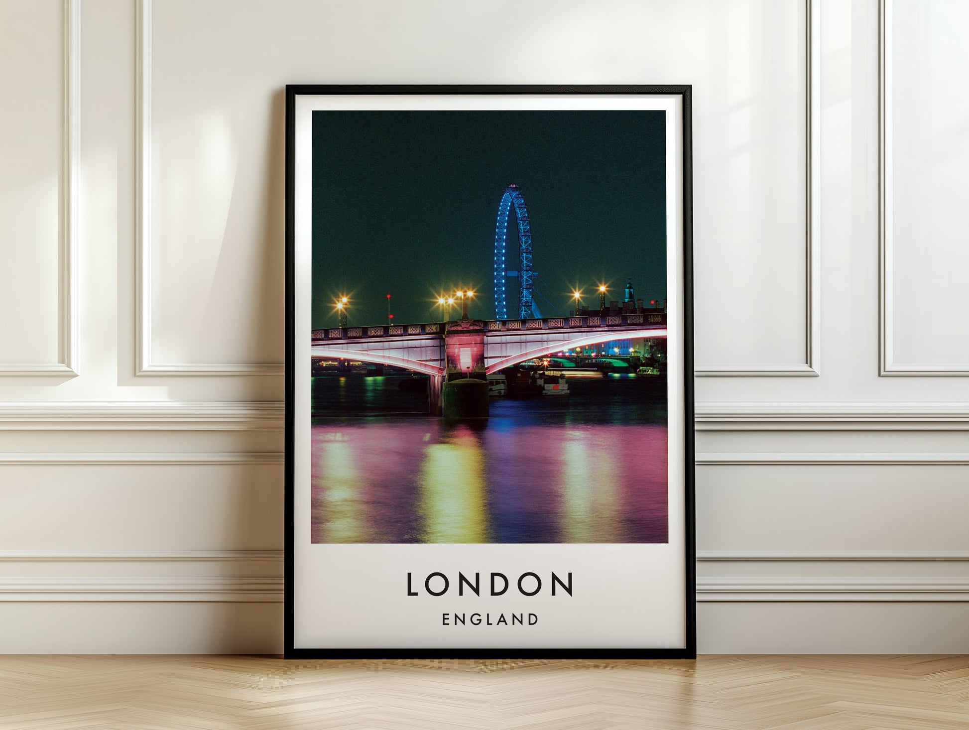 London Eye Blue Lambeth Bridge Night Thames - London analogue photography poster print on white panelled wall