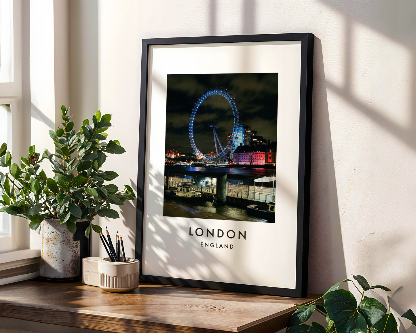 London Eye Blue Night South Bank Close Up - London analogue photography poster print in modern room setting