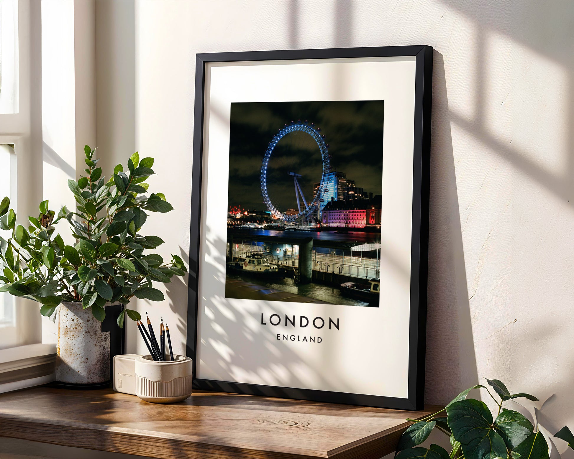 London Eye Blue Night South Bank Close Up - London analogue photography poster print in modern room setting
