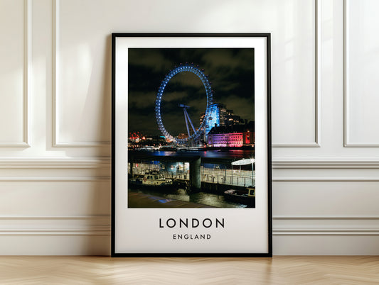London Eye Blue Night South Bank Close Up - London analogue photography poster print on white panelled wall