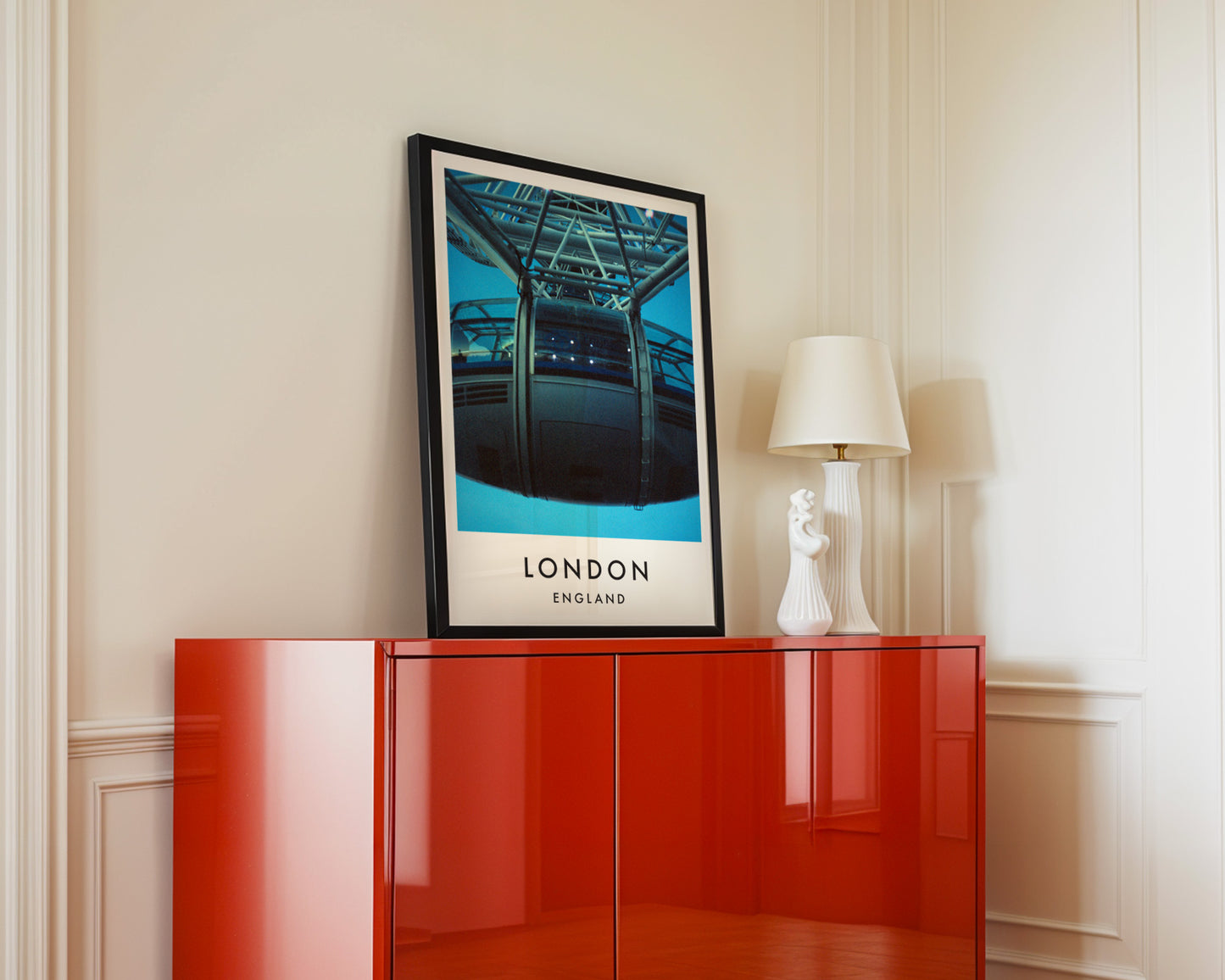 London Eye Capsule Interior Steel Structure Blue - London analogue photography poster print in interior design setting