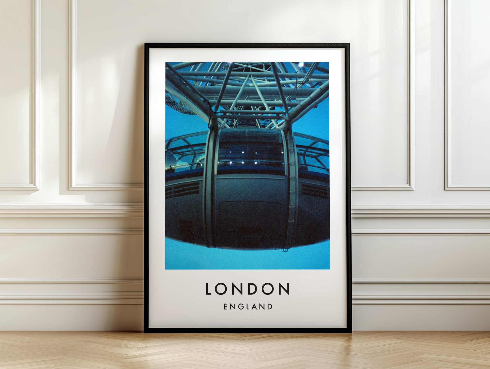 London Eye Capsule Interior Steel Structure Blue - London analogue photography poster print on white panelled wall