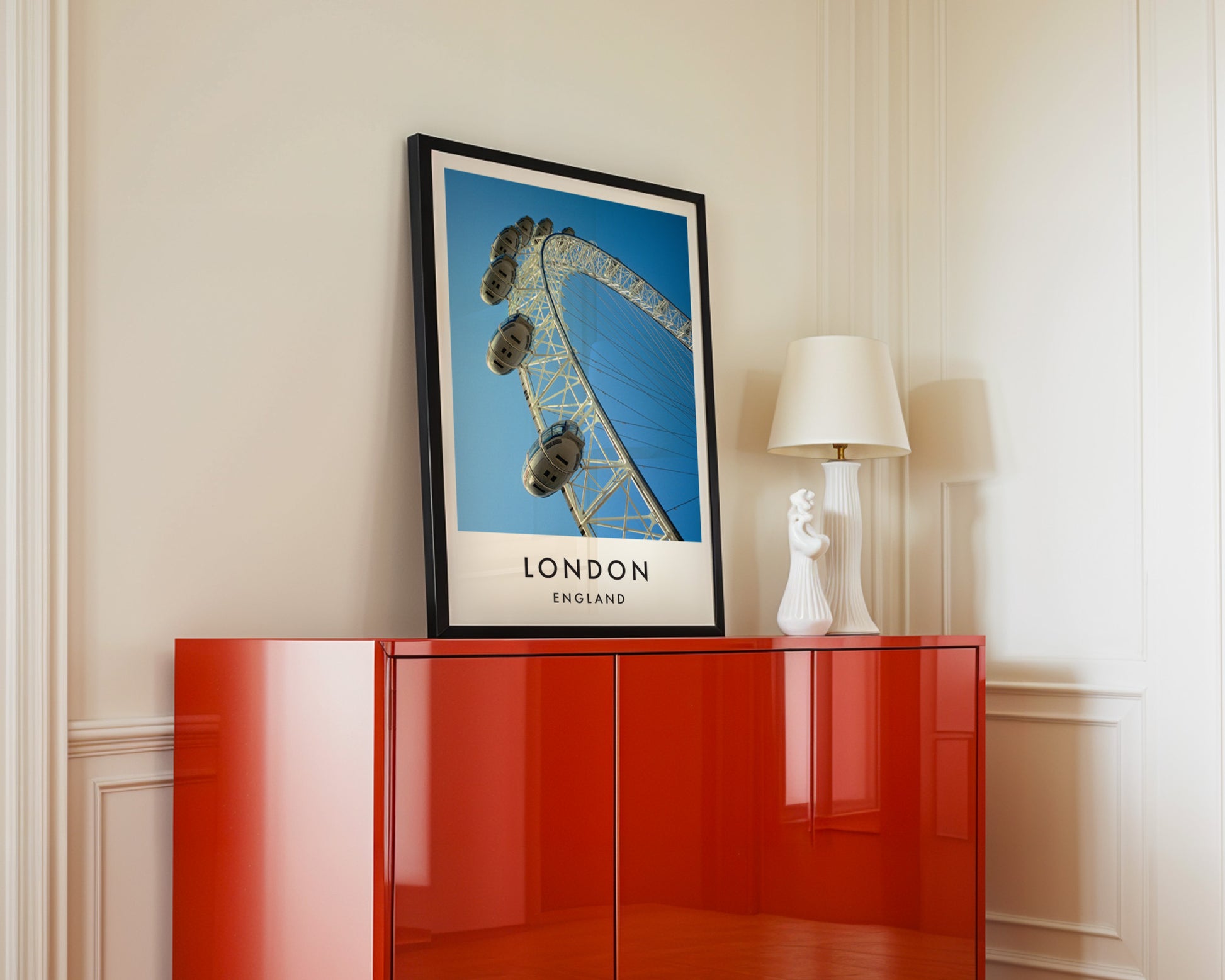 London Eye Capsules Close Up Blue Sky - London analogue photography poster print in interior design setting