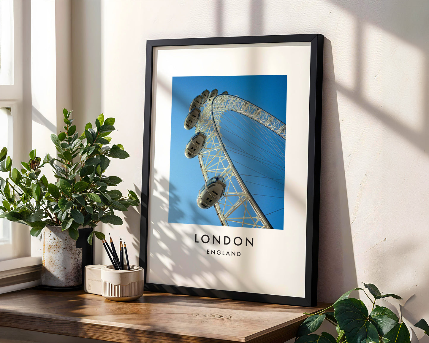 London Eye Capsules Close Up Blue Sky - London analogue photography poster print in modern room setting