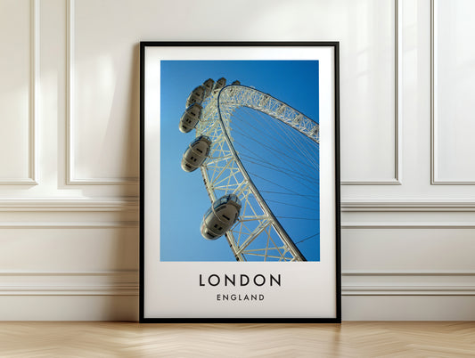 London Eye Capsules Close Up Blue Sky - London analogue photography poster print on white panelled wall