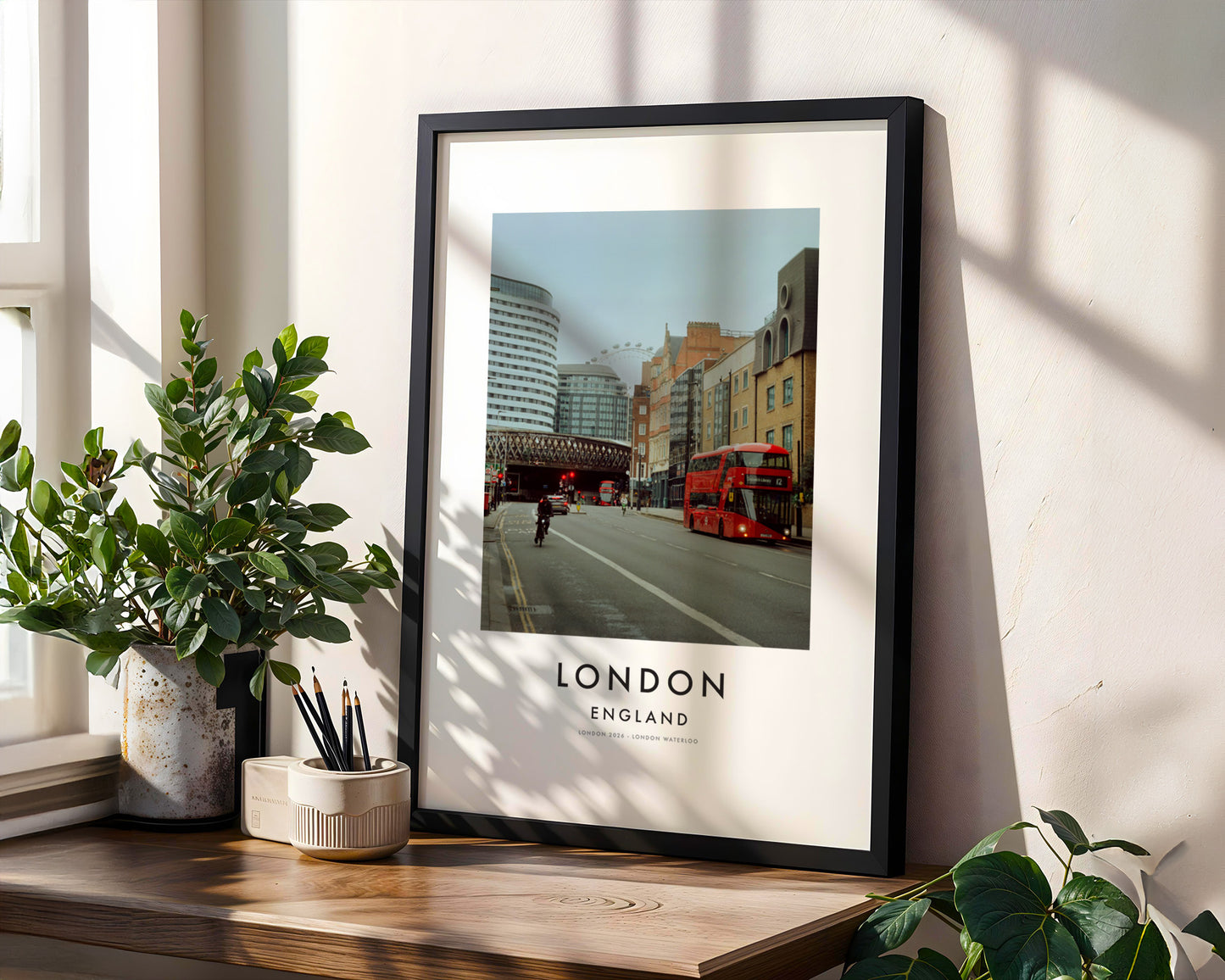 London Street Red Bus BFI IMAX London Eye - London analogue photography poster print in modern room setting