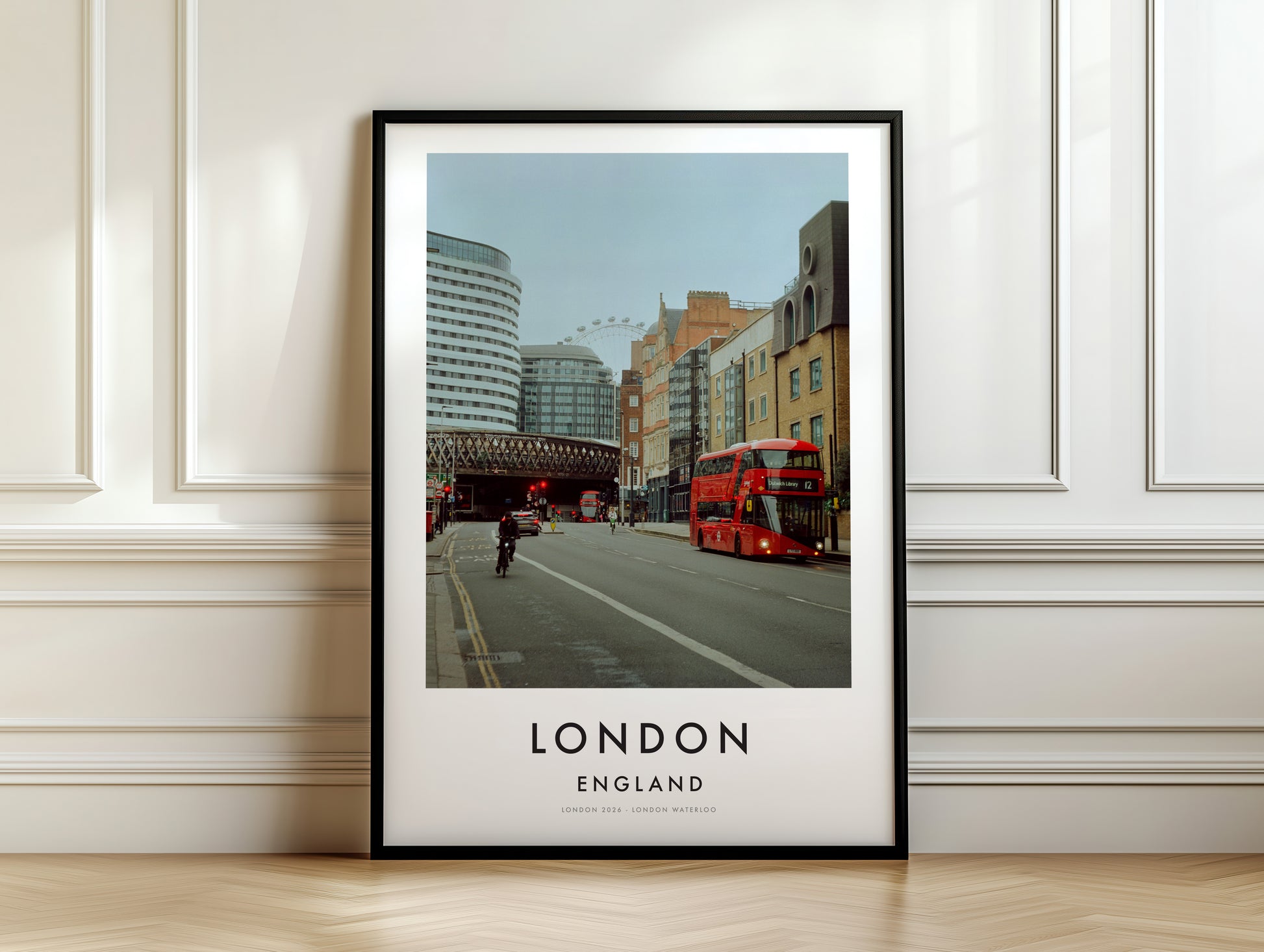 London Street Red Bus BFI IMAX London Eye - London analogue photography poster print on white panelled wall