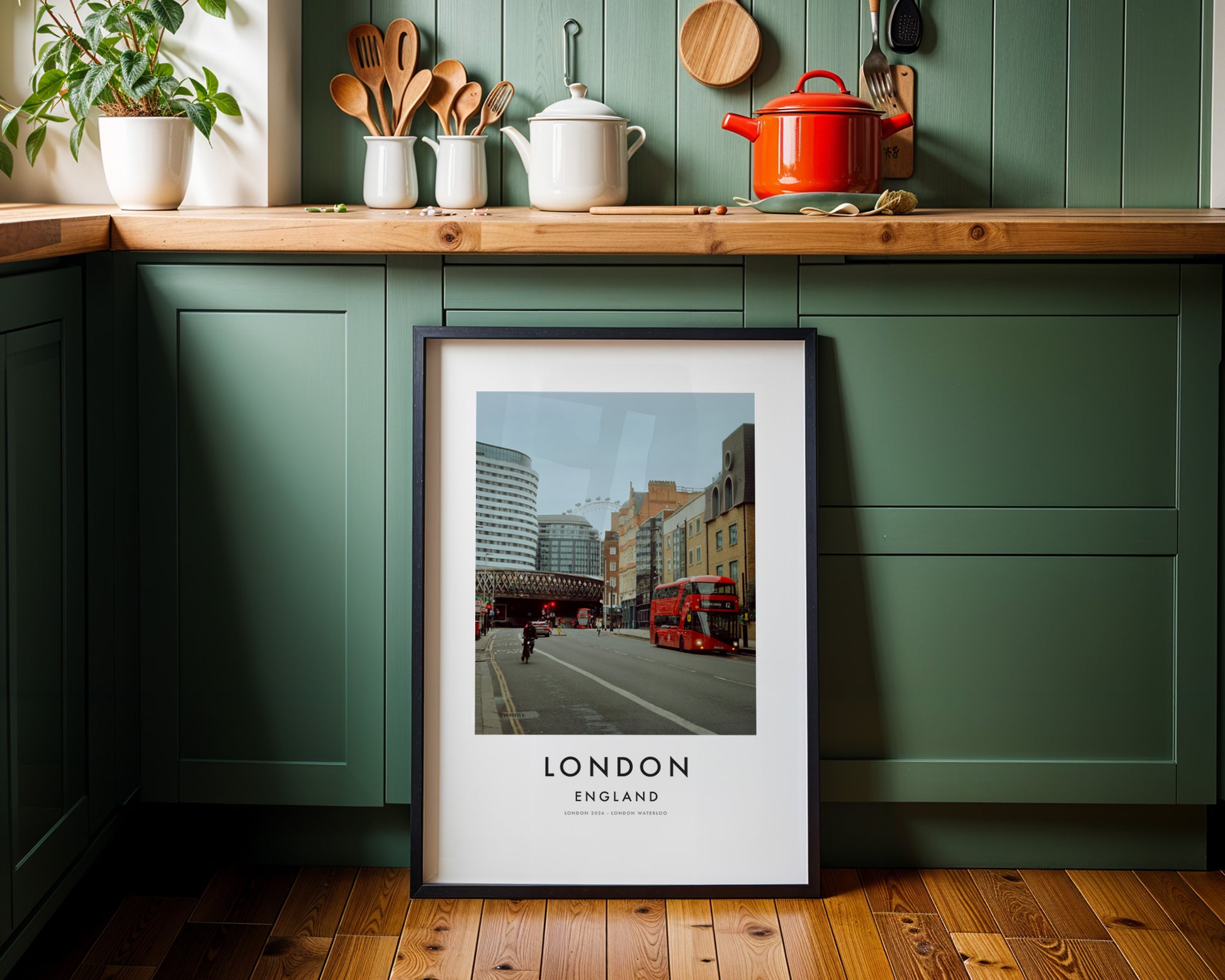 London Street Red Bus BFI IMAX London Eye - London analogue photography poster print on minimalist white wall