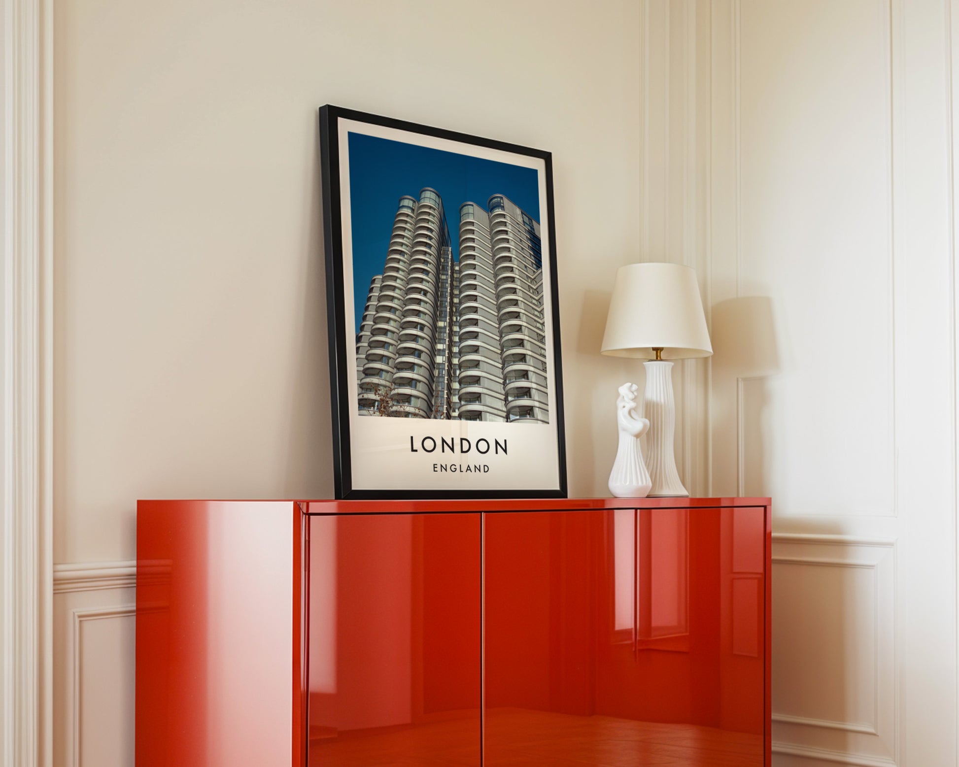 Modern Curved Residential Towers Balconies - London analogue photography poster print in interior design setting
