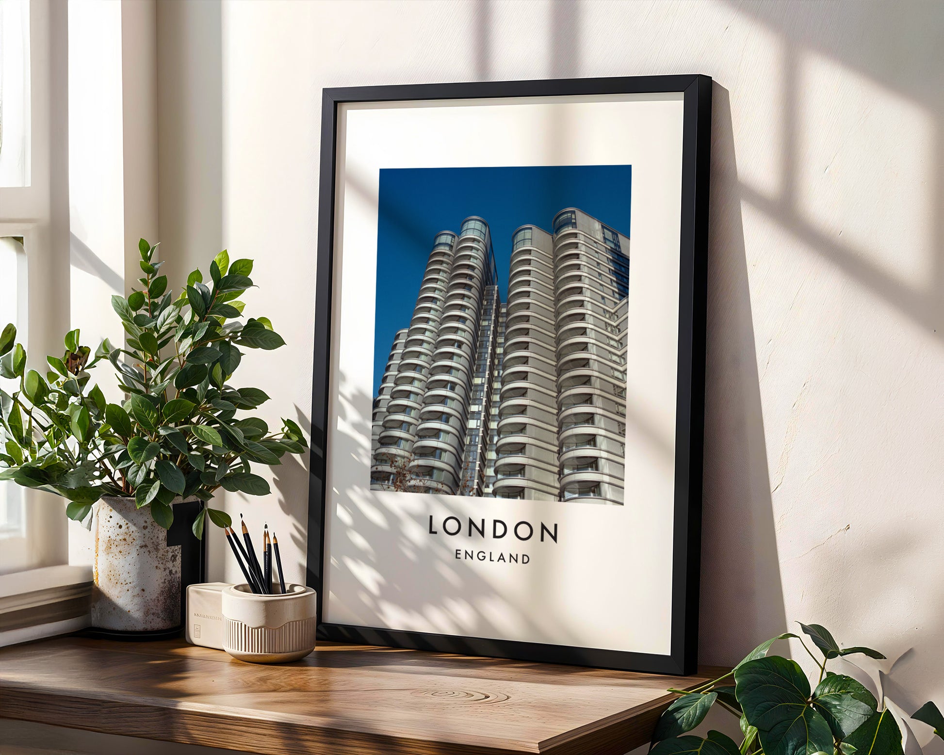 Modern Curved Residential Towers Balconies - London analogue photography poster print in modern room setting