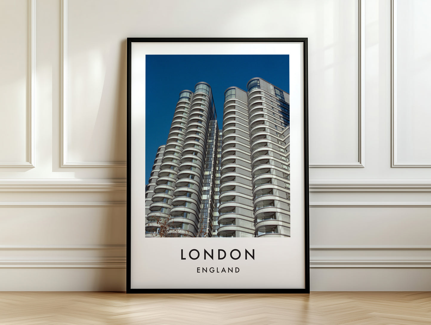 Modern Curved Residential Towers Balconies - London analogue photography poster print on white panelled wall