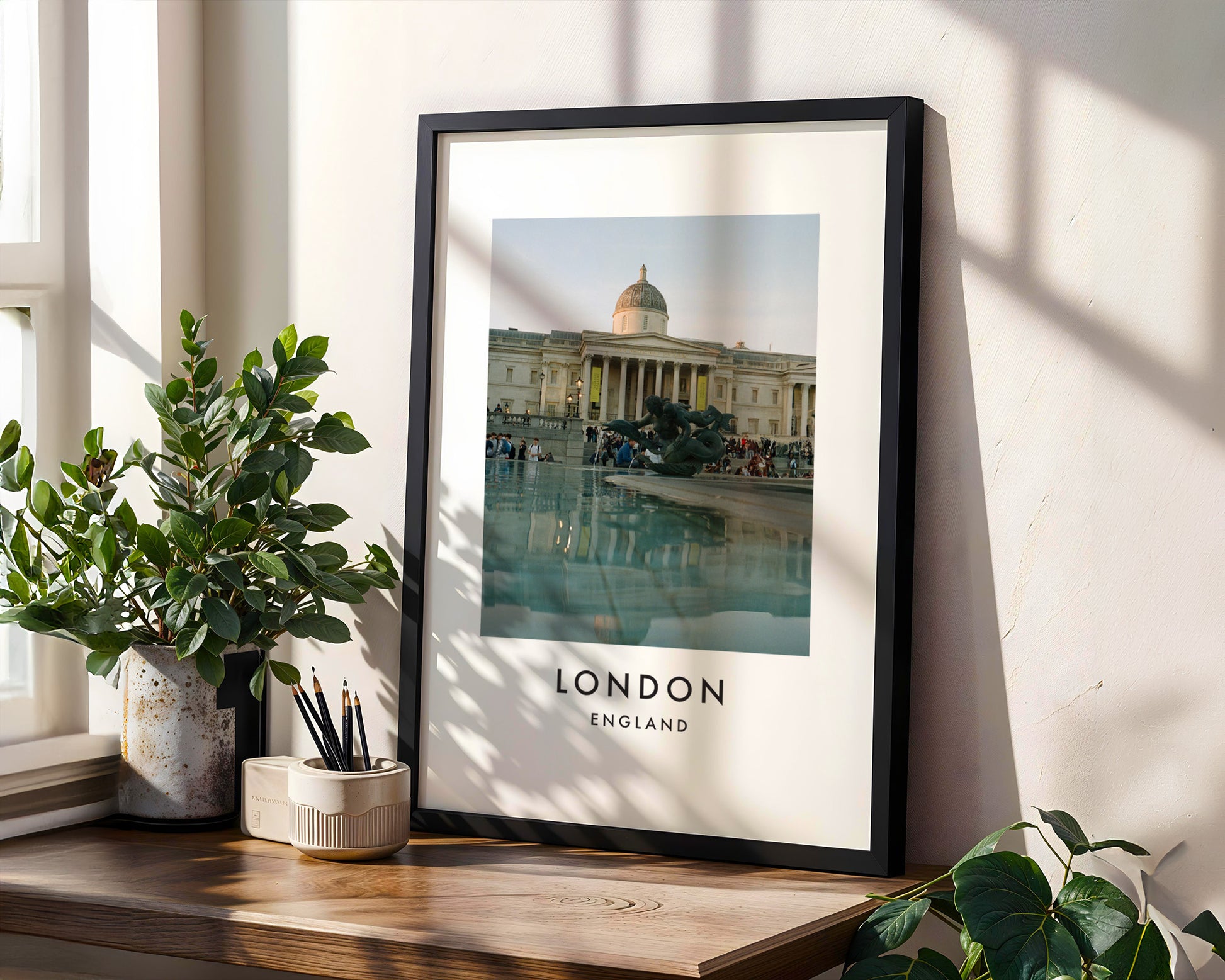 National Gallery Fountain Reflection Trafalgar - London analogue photography poster print in modern room setting
