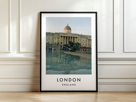 National Gallery Fountain Reflection Trafalgar - London analogue photography poster print on white panelled wall