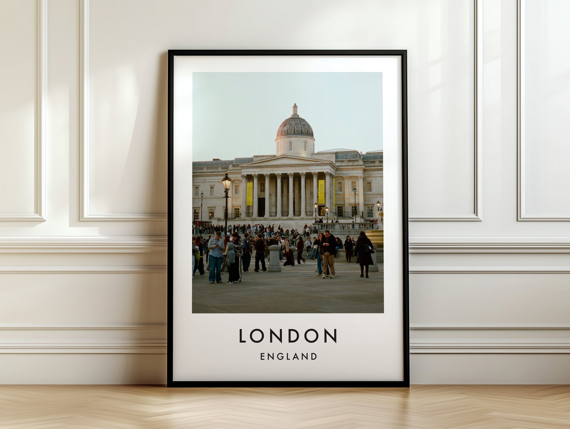 National Gallery Trafalgar Square Crowds - London analogue photography poster print on white panelled wall