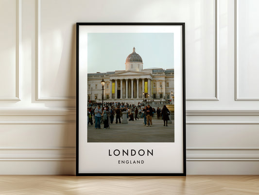 National Gallery Trafalgar Square Crowds - London analogue photography poster print on white panelled wall