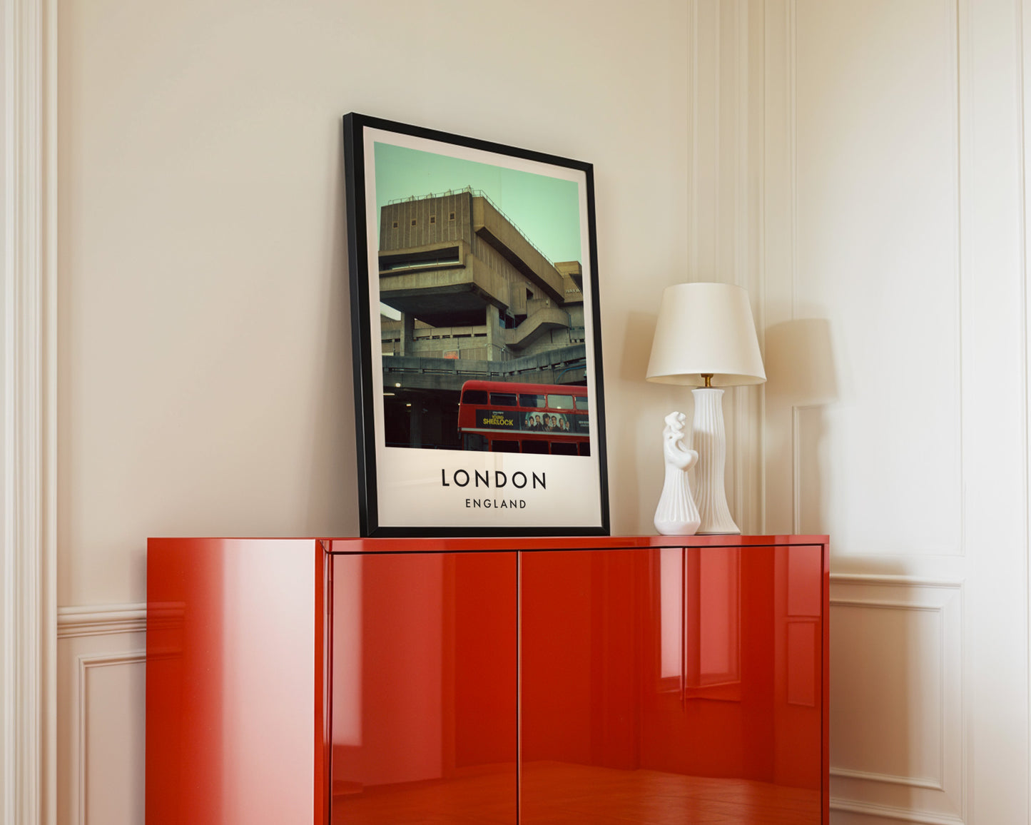 National Theatre South Bank Red Bus Brutalist - London analogue photography poster print in interior design setting