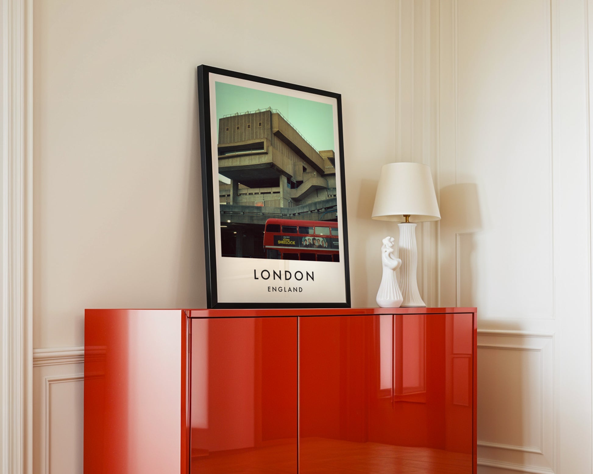 National Theatre South Bank Red Bus Brutalist - London analogue photography poster print in interior design setting