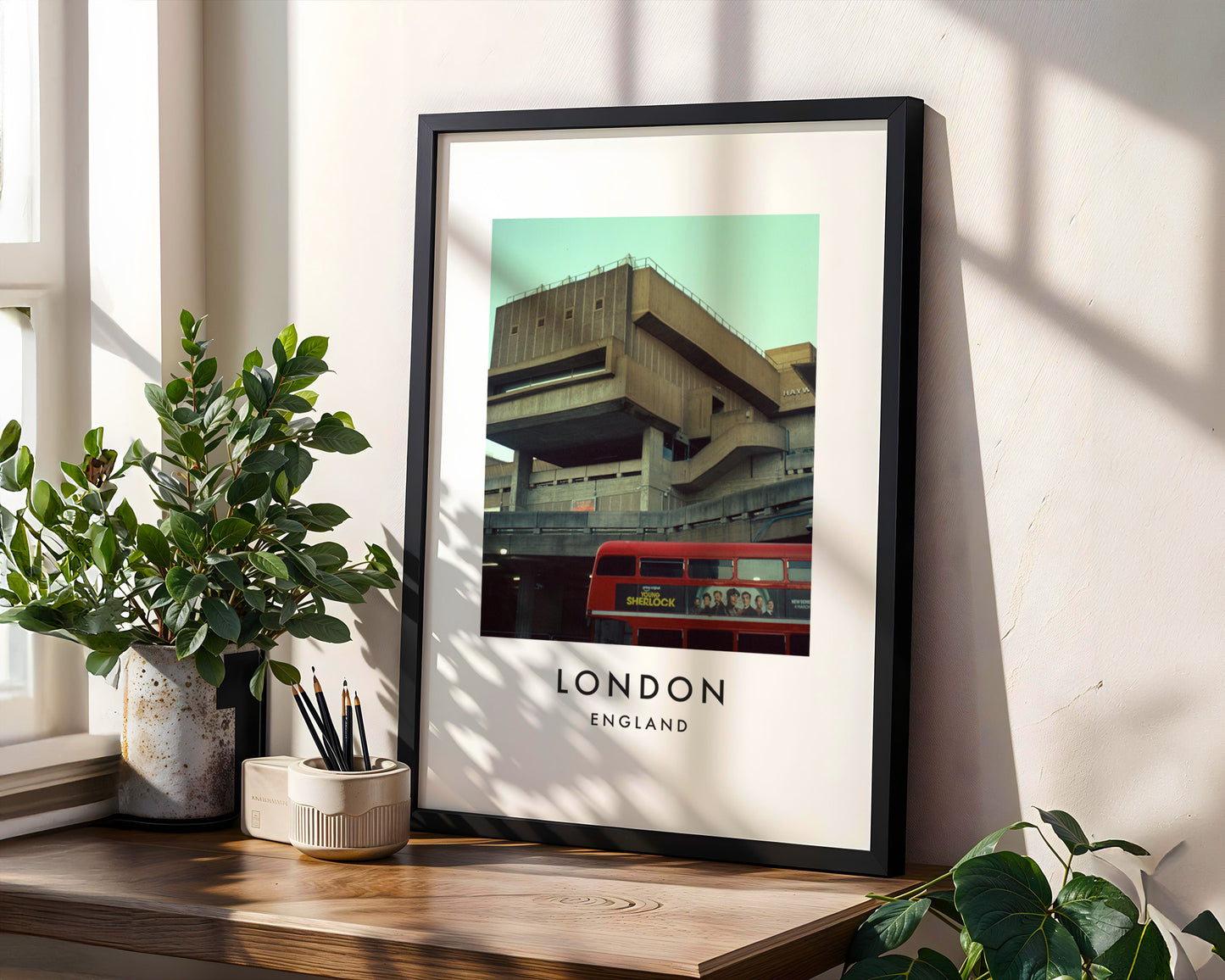 National Theatre South Bank Red Bus Brutalist - London analogue photography poster print in modern room setting