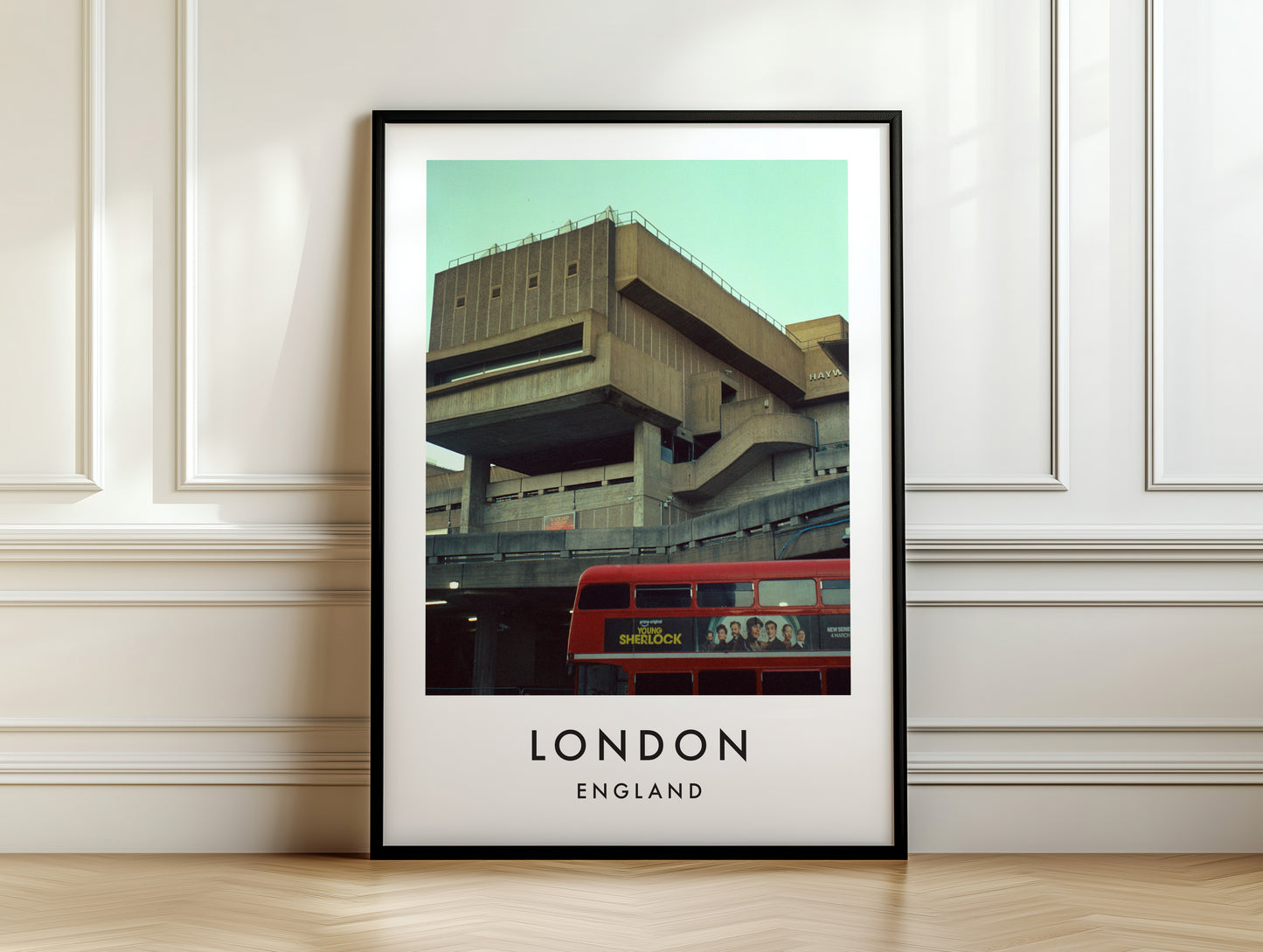National Theatre South Bank Red Bus Brutalist - London analogue photography poster print on white panelled wall