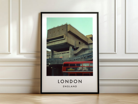 National Theatre South Bank Red Bus Brutalist - London analogue photography poster print on white panelled wall
