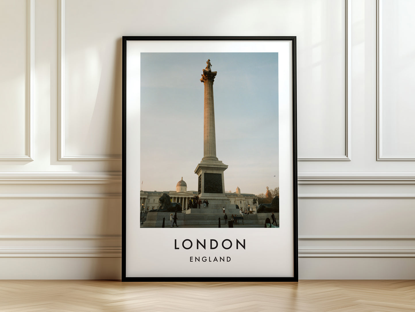 Nelsons Column Trafalgar Square National Gallery - London analogue photography poster print on white panelled wall