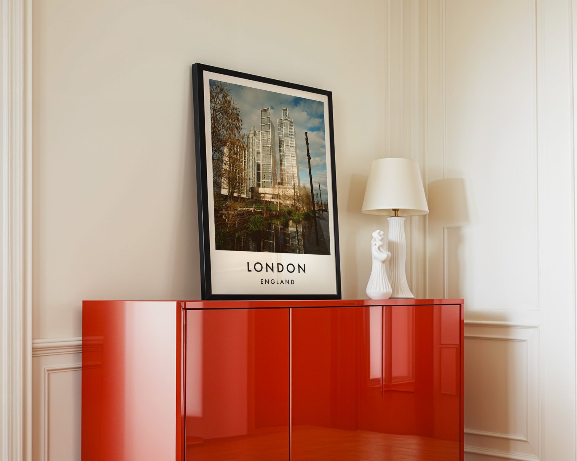 Nine Elms Modern Glass Towers Canal - London analogue photography poster print in interior design setting