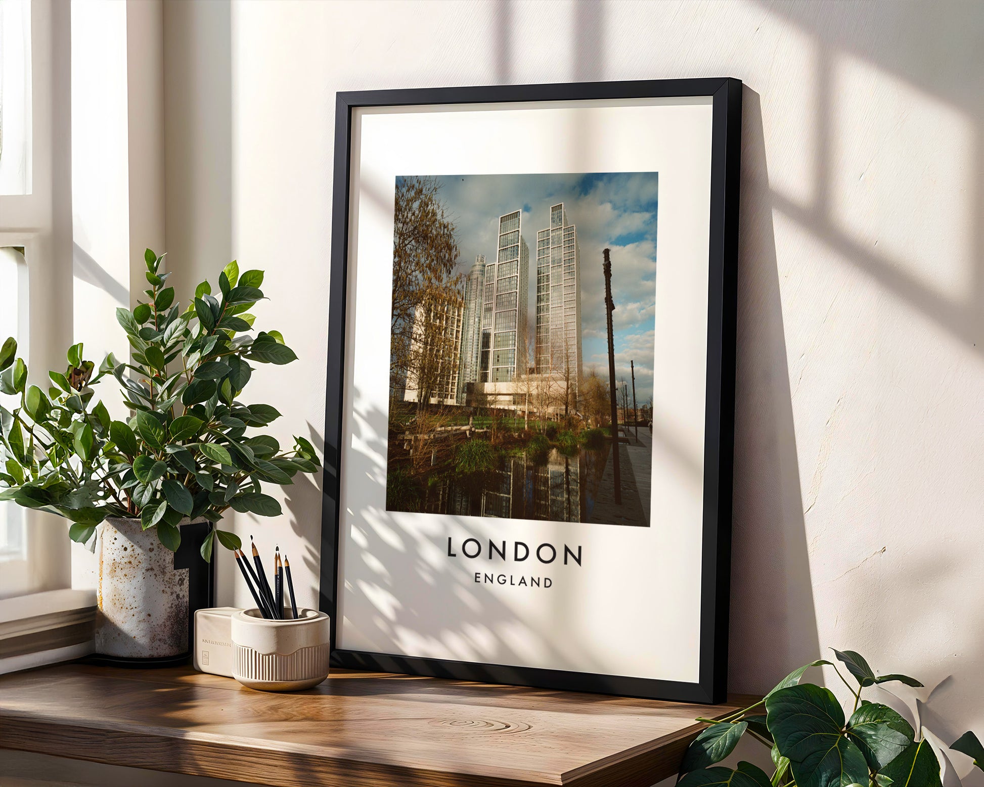 Nine Elms Modern Glass Towers Canal - London analogue photography poster print in modern room setting