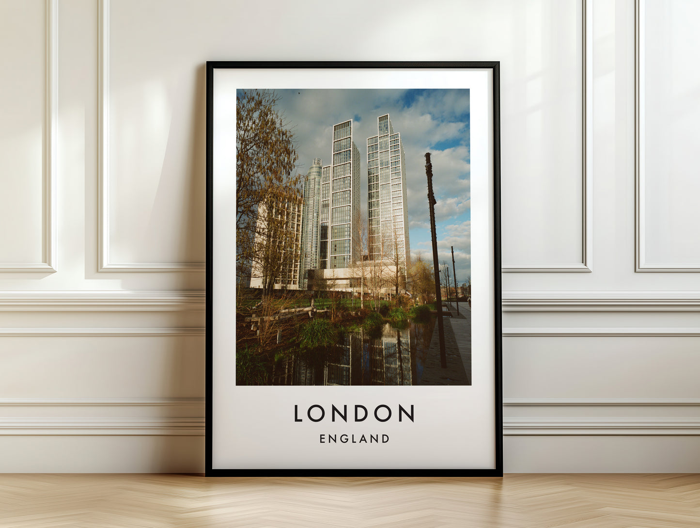 Nine Elms Modern Glass Towers Canal - London analogue photography poster print on white panelled wall