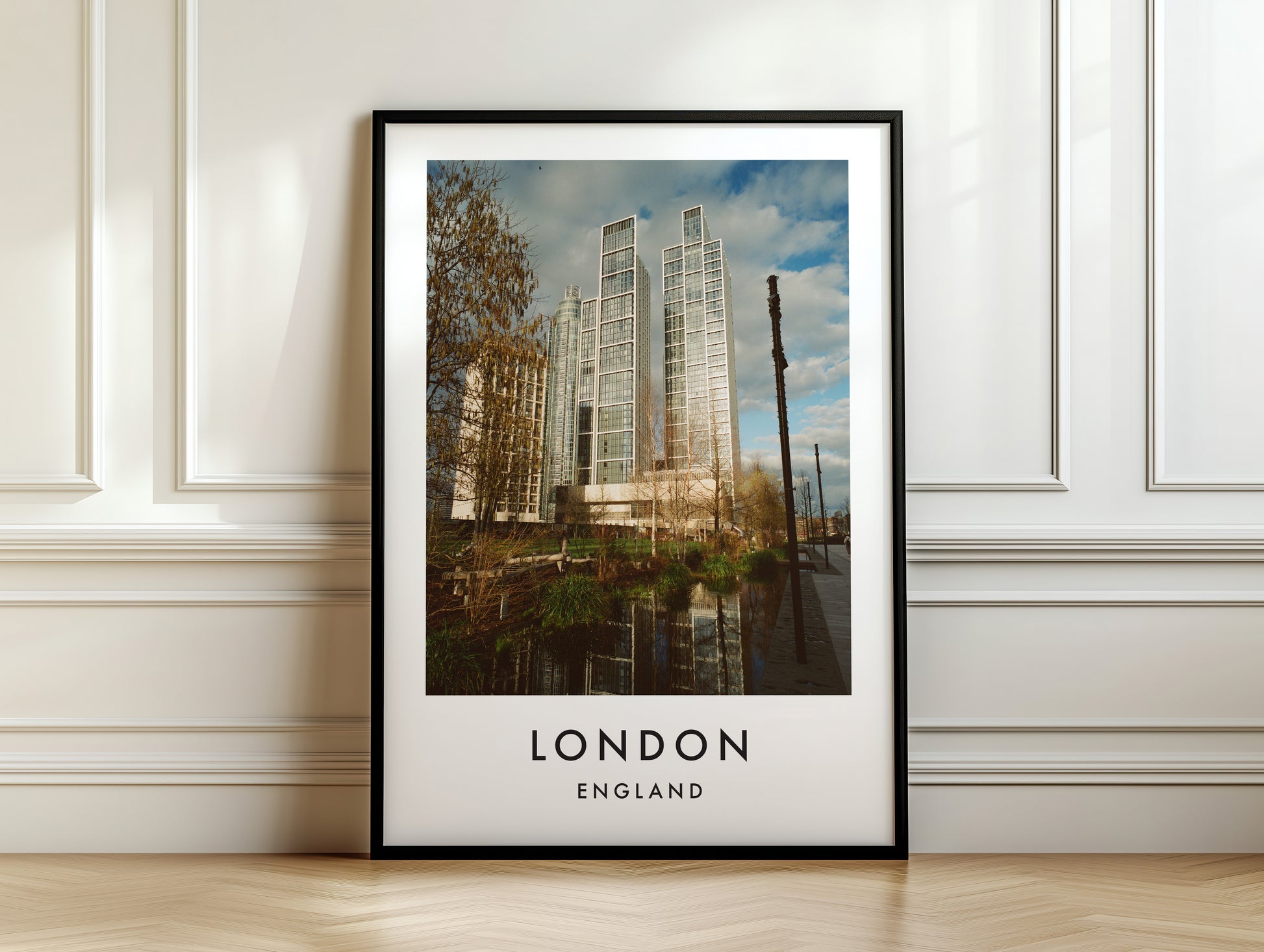 Nine Elms Modern Glass Towers Canal - London analogue photography poster print on white panelled wall
