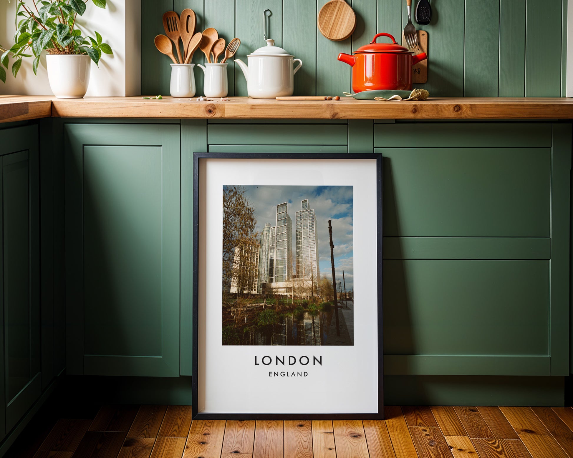 Nine Elms Modern Glass Towers Canal - London analogue photography poster print on minimalist white wall