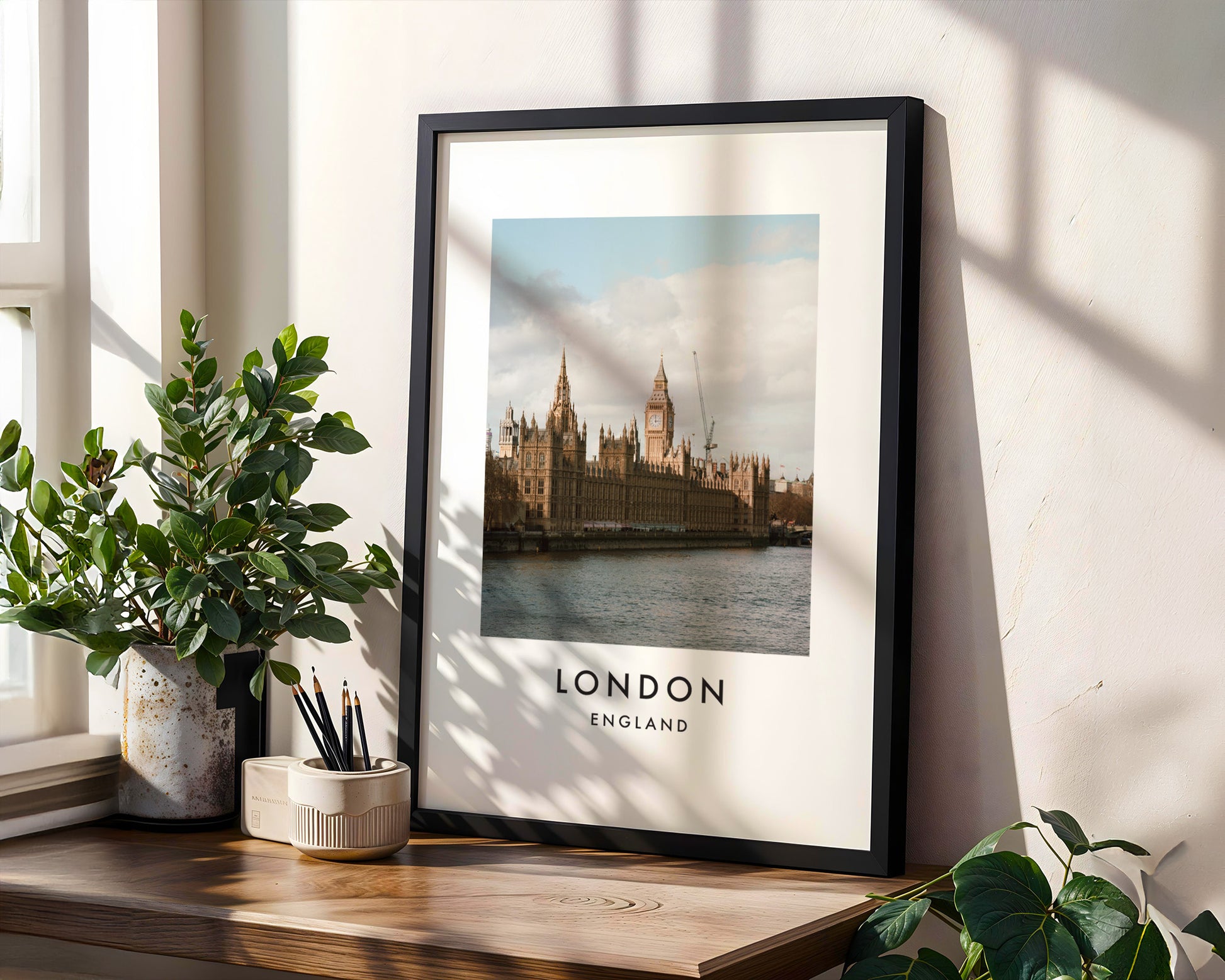 Palace of Westminster Big Ben Thames Daytime - London analogue photography poster print in modern room setting