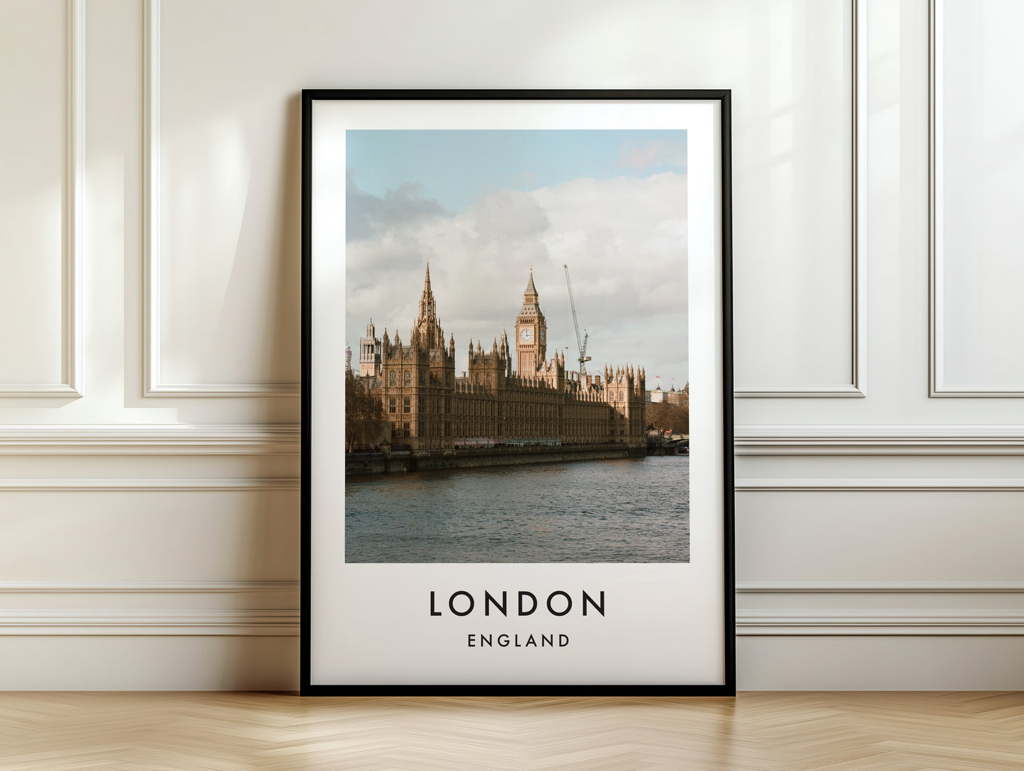 Palace of Westminster Big Ben Thames Daytime - London analogue photography poster print on white panelled wall
