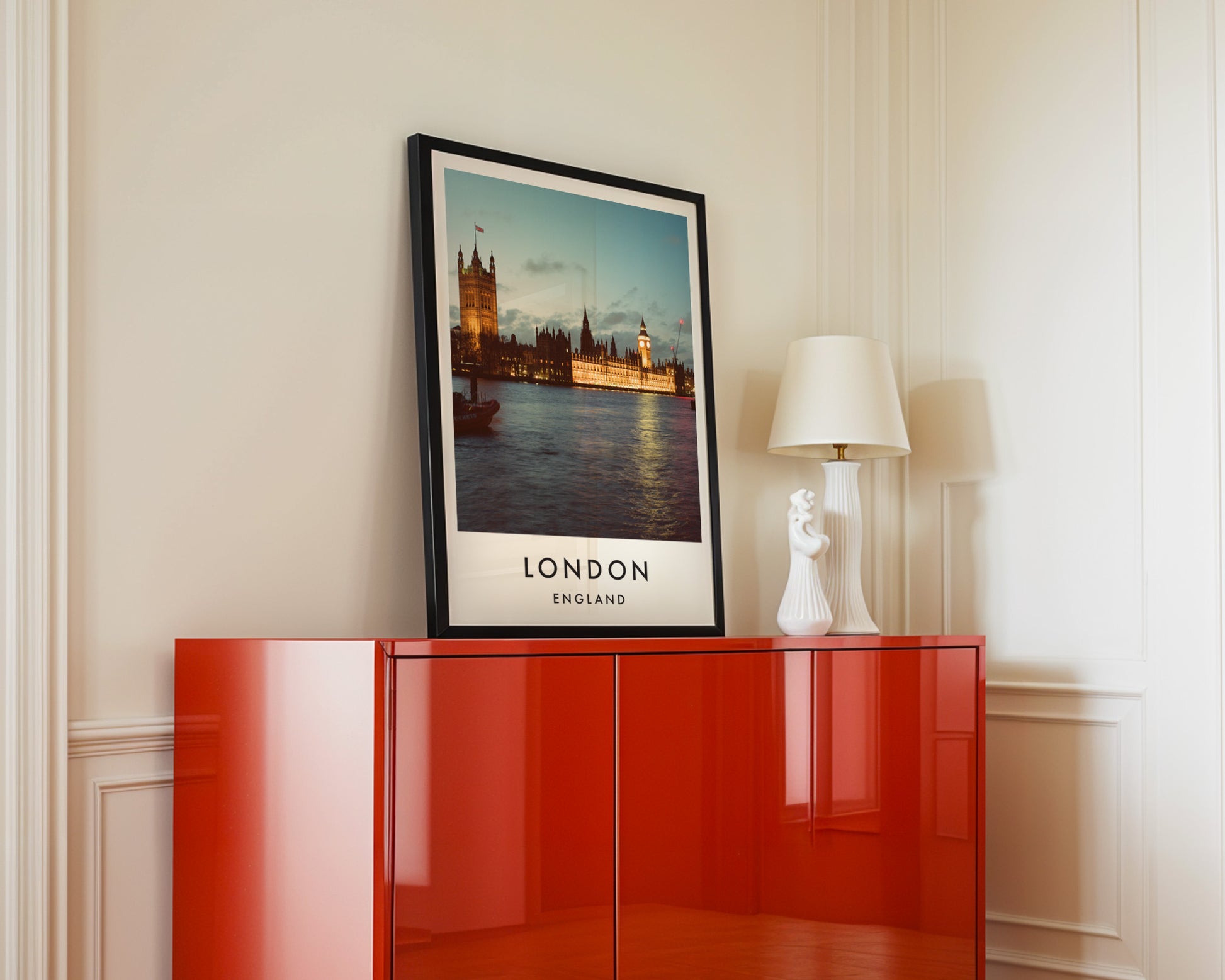 Palace of Westminster Dusk Victoria Tower Big Ben - London analogue photography poster print in interior design setting