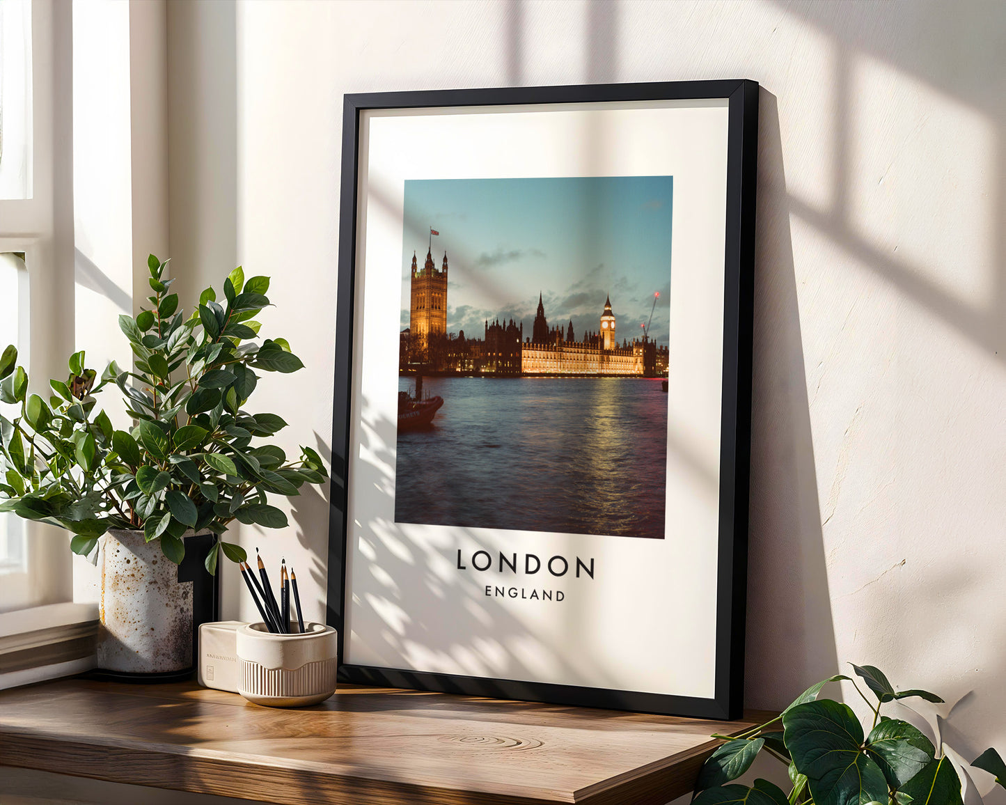 Palace of Westminster Dusk Victoria Tower Big Ben - London analogue photography poster print in modern room setting