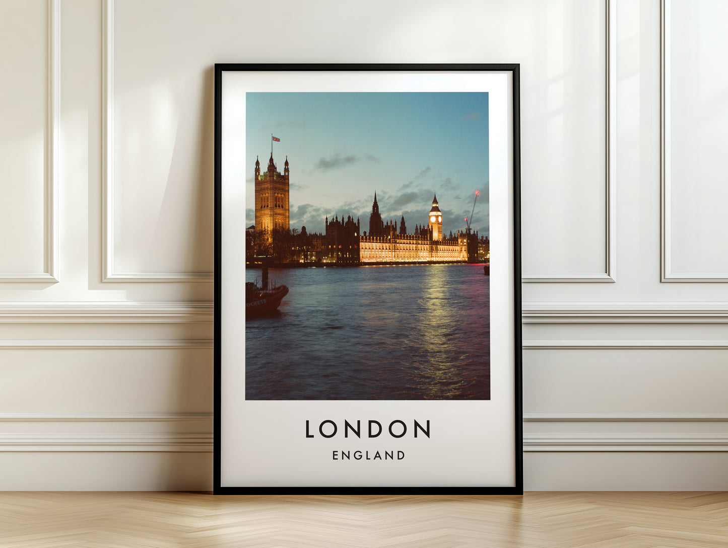 Palace of Westminster Dusk Victoria Tower Big Ben - London analogue photography poster print on white panelled wall