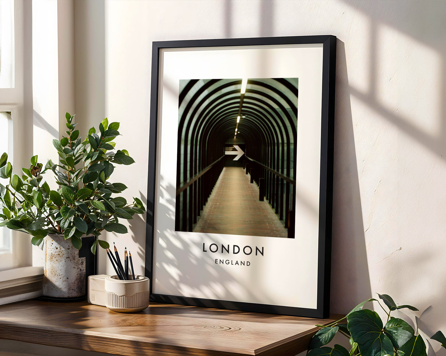 Pedestrian Tunnel Repeating Arches Arrow Sign - London analogue photography poster print in modern room setting