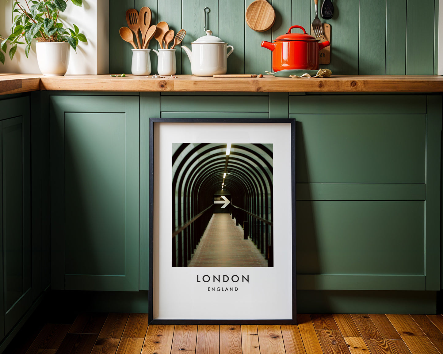 Pedestrian Tunnel Repeating Arches Arrow Sign - London analogue photography poster print on minimalist white wall
