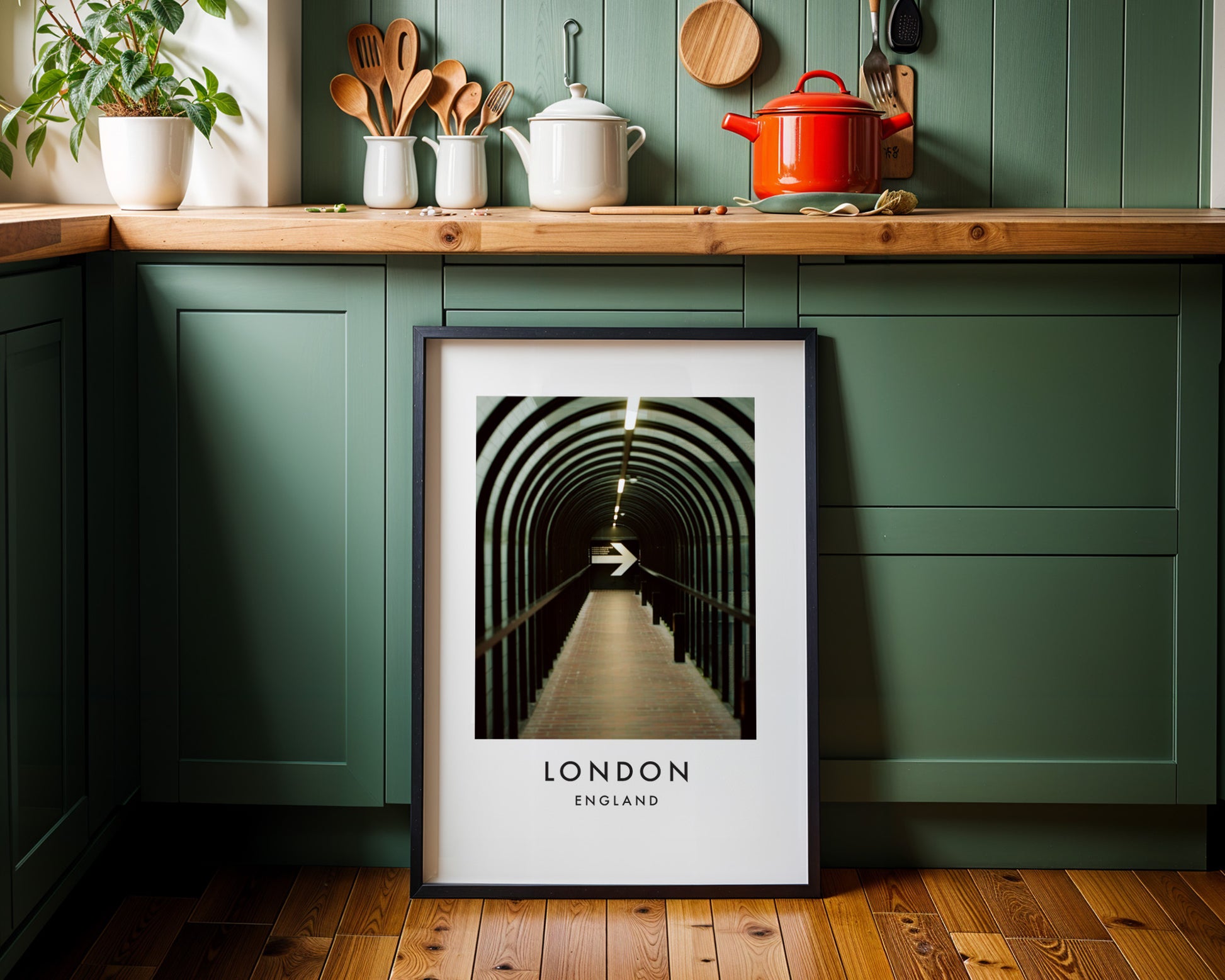 Pedestrian Tunnel Repeating Arches Arrow Sign - London analogue photography poster print on minimalist white wall