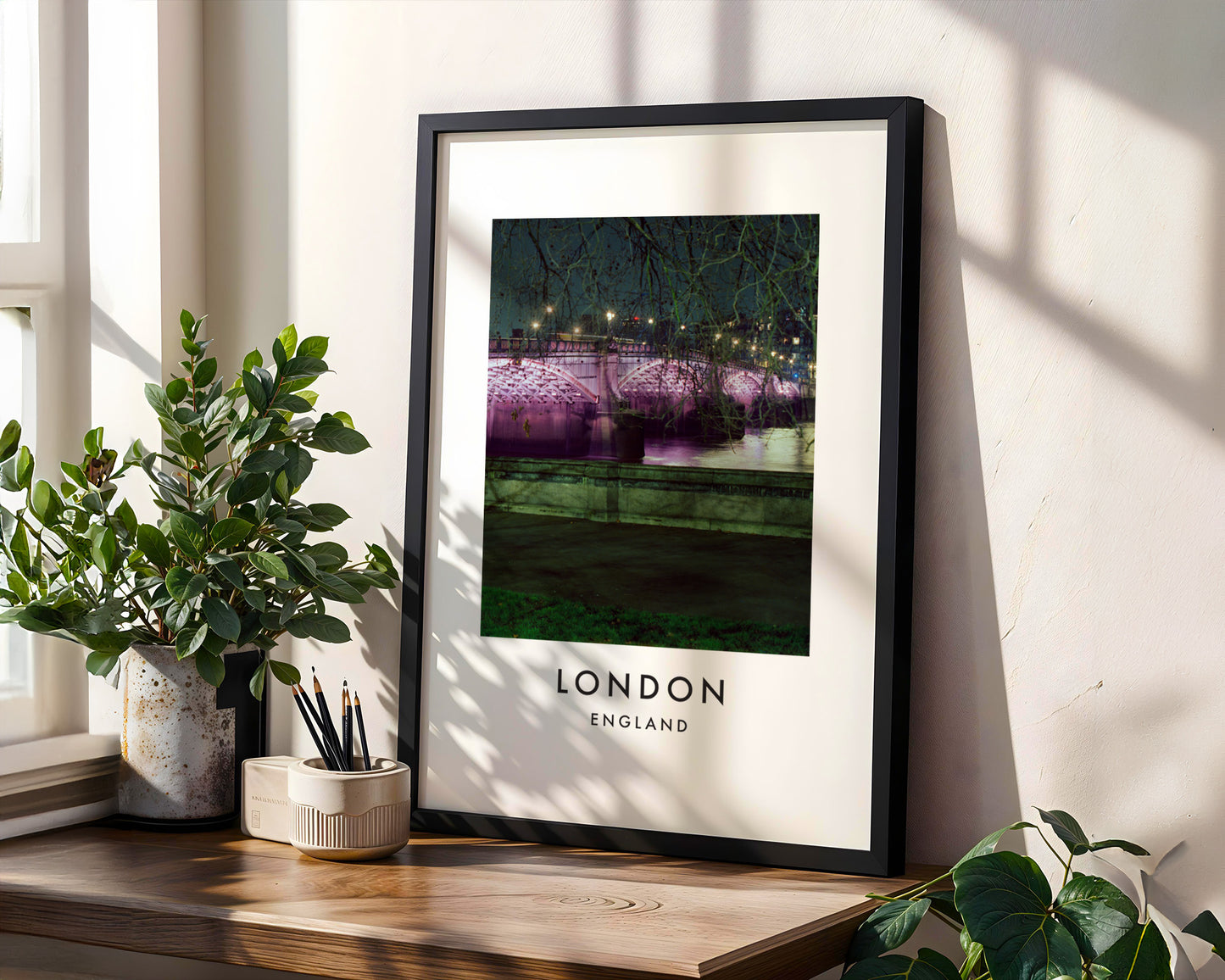 Purple Illuminated Footbridge Night Park - London analogue photography poster print in modern room setting