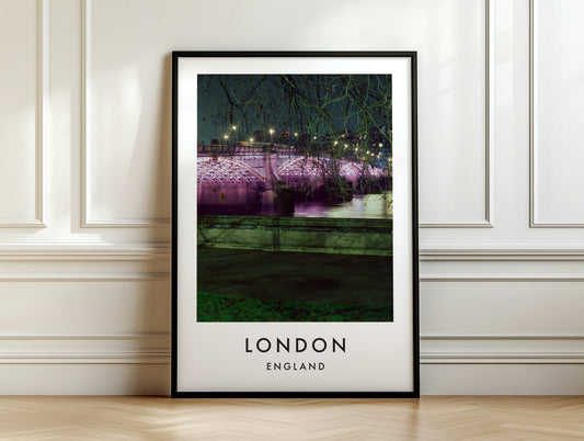 Purple Illuminated Footbridge Night Park - London analogue photography poster print on white panelled wall