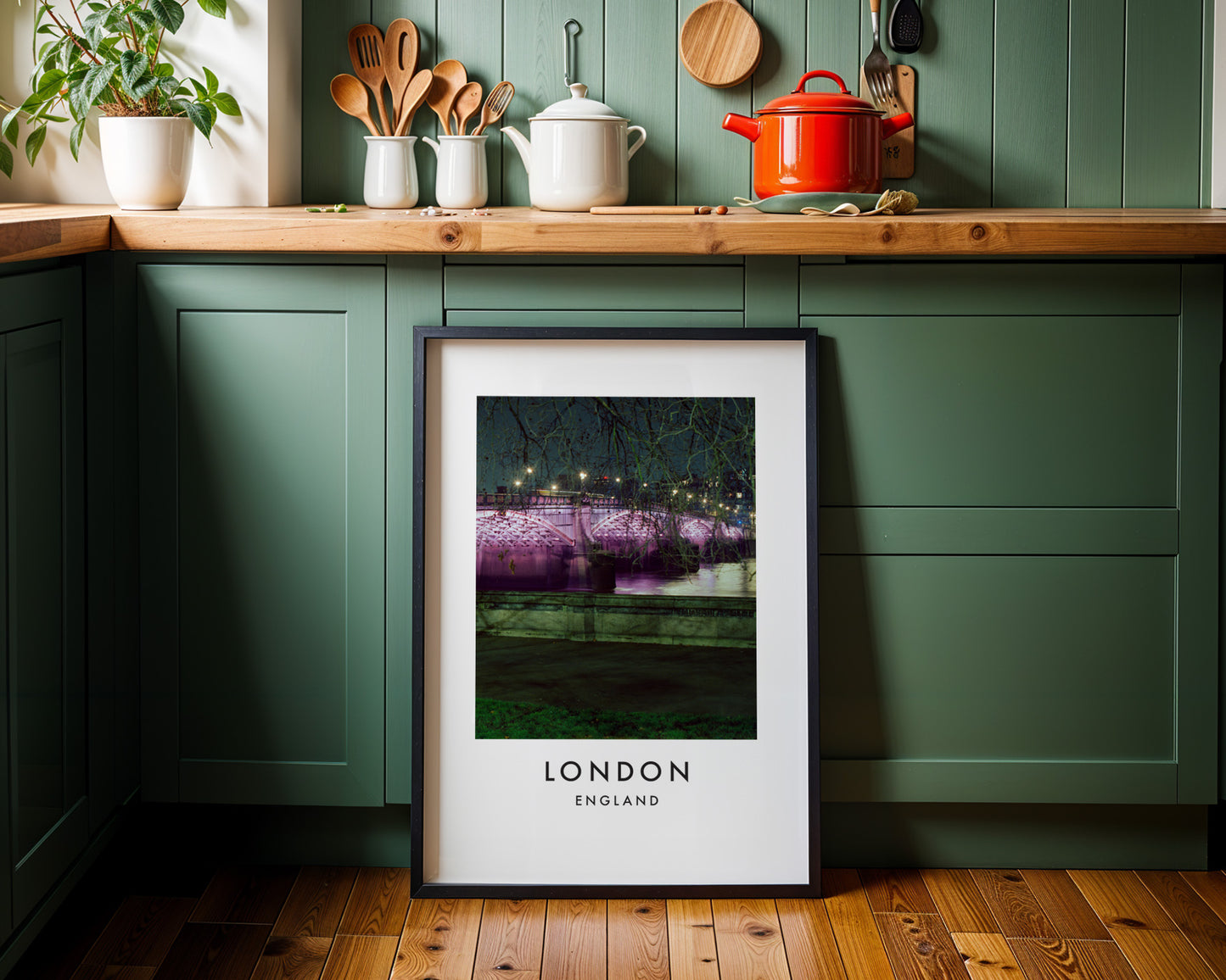 Purple Illuminated Footbridge Night Park - London analogue photography poster print on minimalist white wall