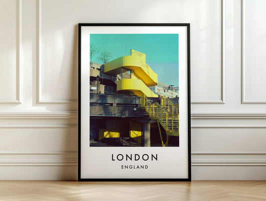 Queen Elizabeth Hall Yellow Staircase South Bank - London analogue photography poster print on white panelled wall