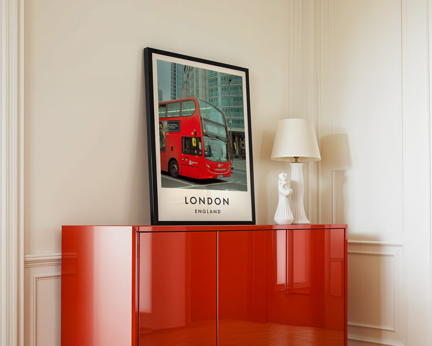 Red Double Decker Bus Modern City Street - London analogue photography poster print in interior design setting