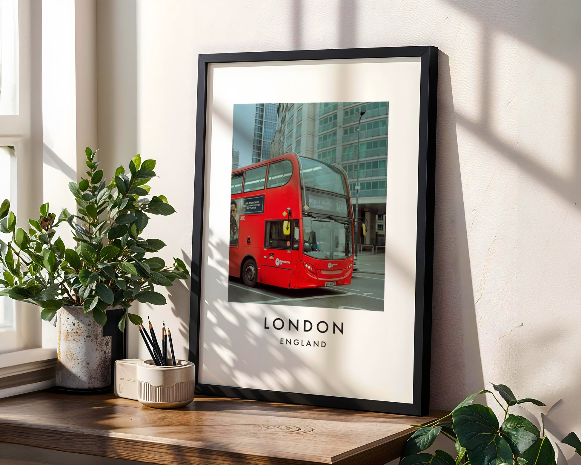 Red Double Decker Bus Modern City Street - London analogue photography poster print in modern room setting