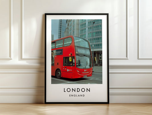 Red Double Decker Bus Modern City Street - London analogue photography poster print on white panelled wall