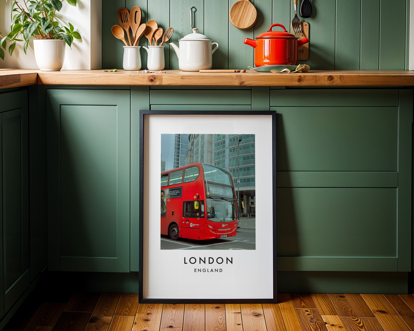 Red Double Decker Bus Modern City Street - London analogue photography poster print on minimalist white wall