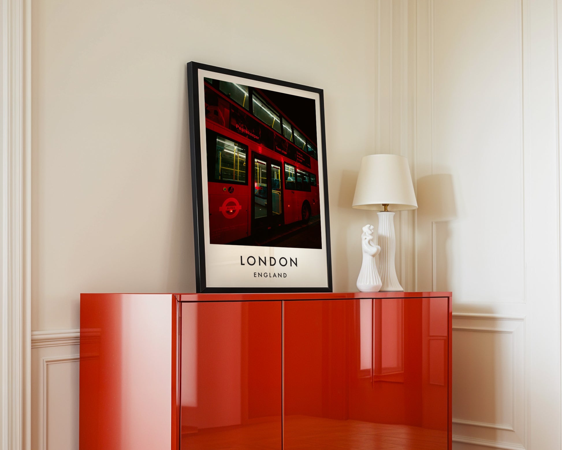 Red London Bus Night Close Up Illuminated - London analogue photography poster print in interior design setting